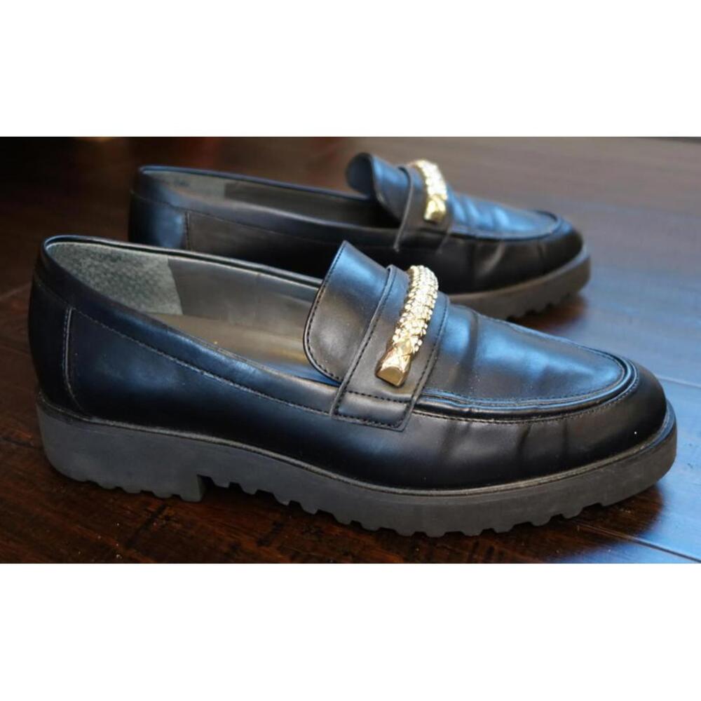 Franco Sarto Women's Black Loafers with Gold Bling Accent